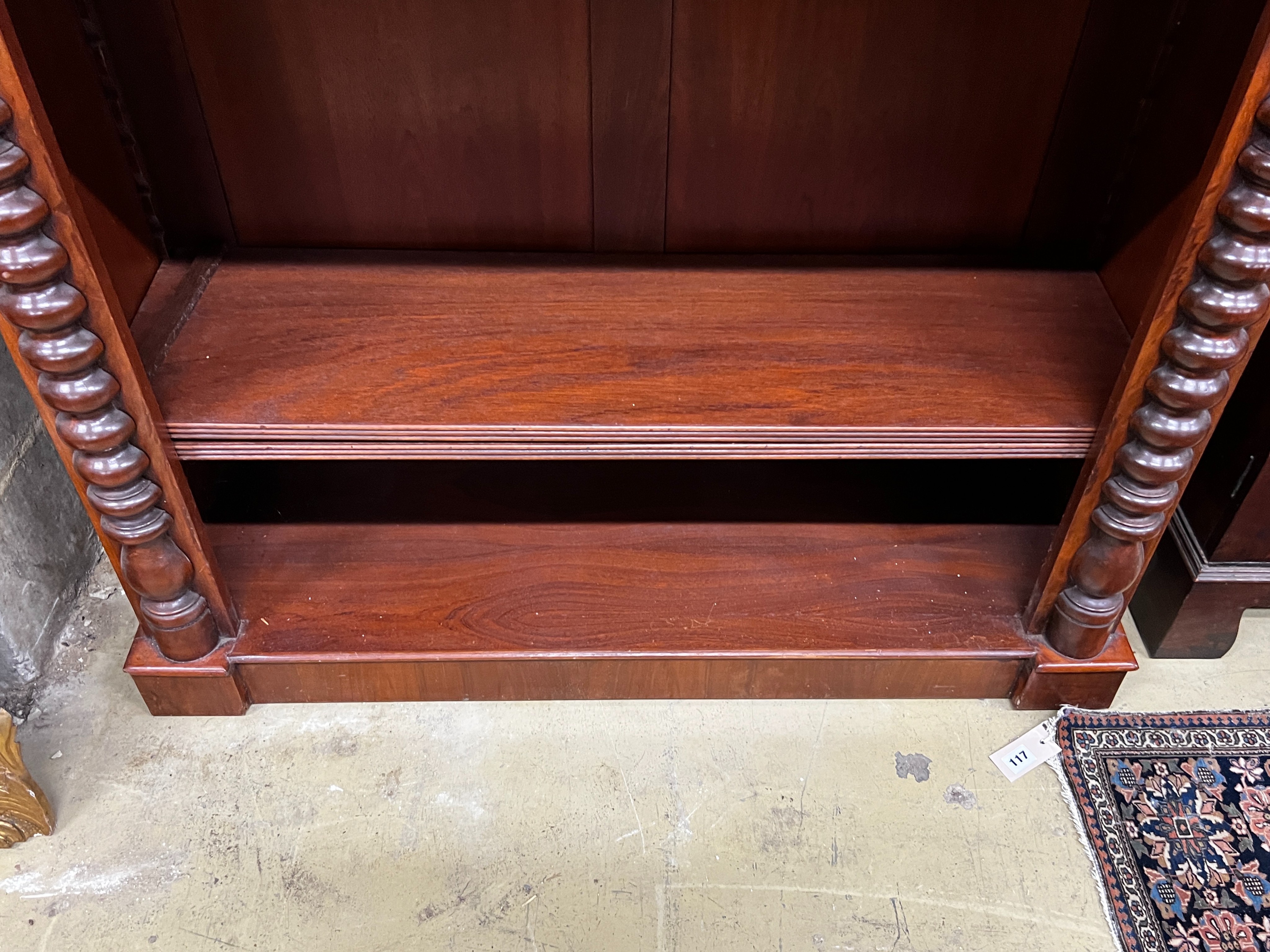 A Victorian and later mahogany open bookcase, length 106cm, depth 38cm, height 107cm (adapted)